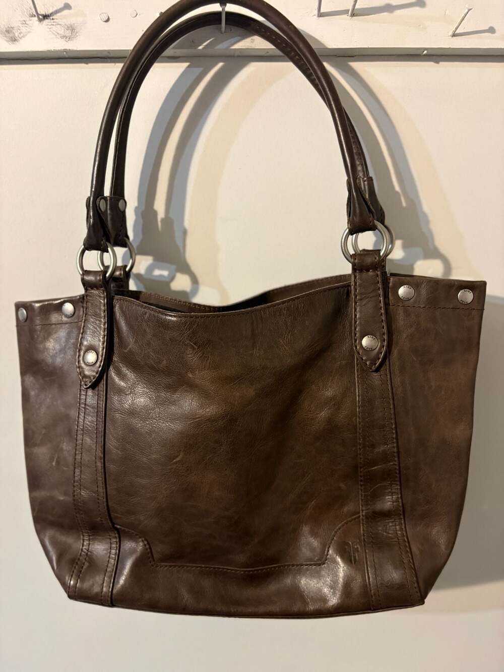 FRYE Brown Leather Melissa Double Shoulder Handles Snap Tote Bag 003-117